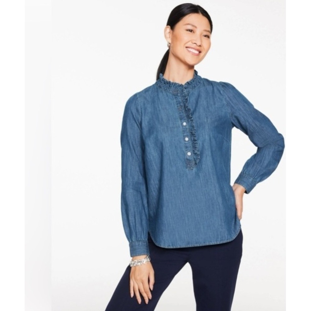 Talbots Wms Ruffle Collar Denim Popover Cotton Shirt Sparkle Buttons L NEW! $100